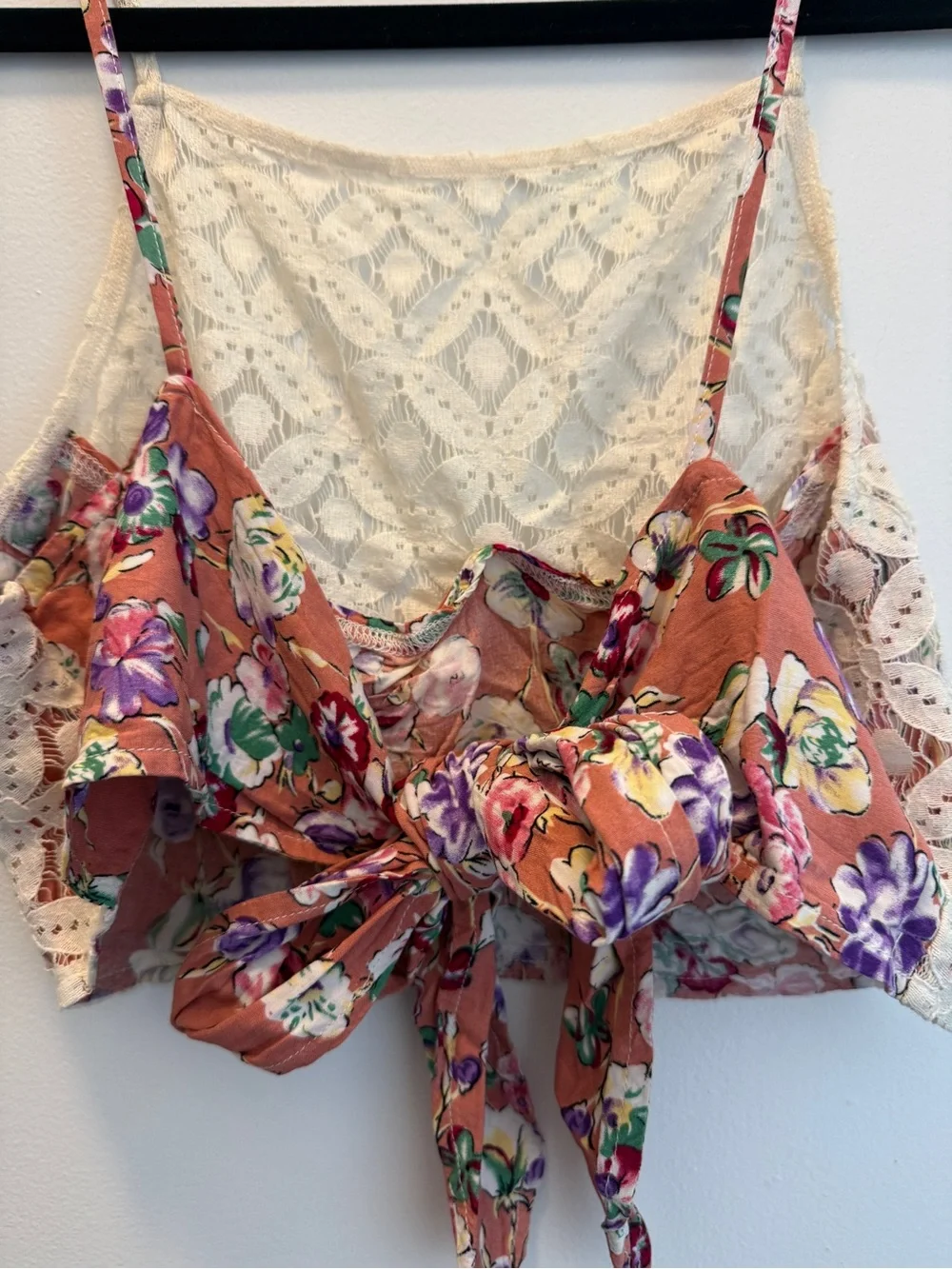 Free People Cream Lace Layered Crop Top with Floral Ties